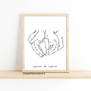 Affiche A4 Minimaliste personnalisée Pieds de bébé dans les mains de papa & maman