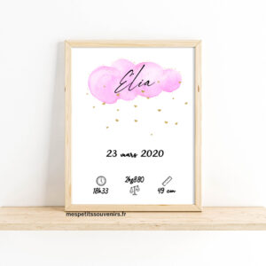 Affiche A4 Personnalisée Nuage rose aquarelle et ses coeurs a paillettes