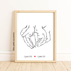 Affiche A3 Minimaliste personnalisée Pieds de bébé dans les mains de papa & maman