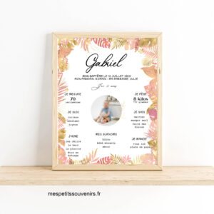 Affiche A4 personnalisée Baptême Feuillage tropical Rose & Or