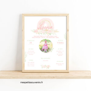 Affiche A4 personnalisée Baptême arc en ciel & fleurs