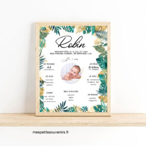 Affiche A4 personnalisée Baptême Feuillage tropical Vert & Or