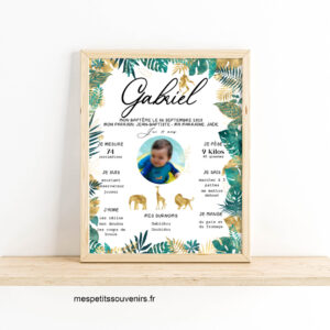 Affiche A4 personnalisée Baptême Feuillage savane Vert & Or