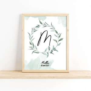 Affiche naissance personnalisée couronne feuillage
